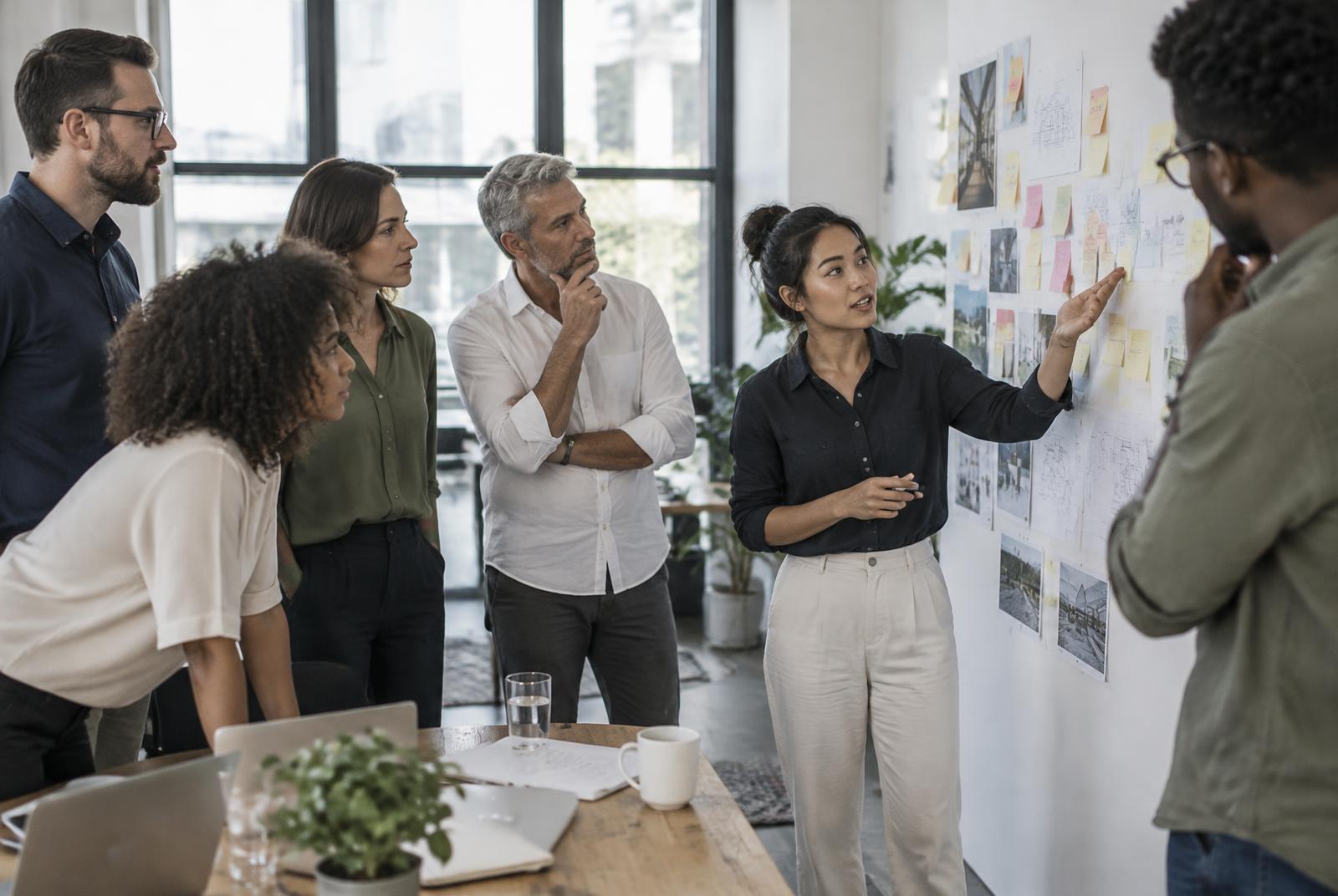 A diverse team working through ideas together at a wall of notes